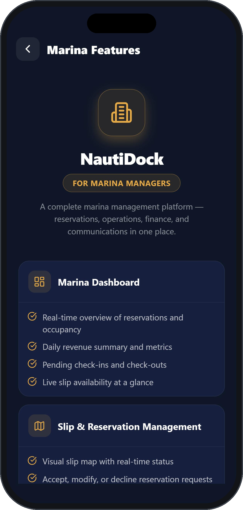 NautiDock Marina Features screen