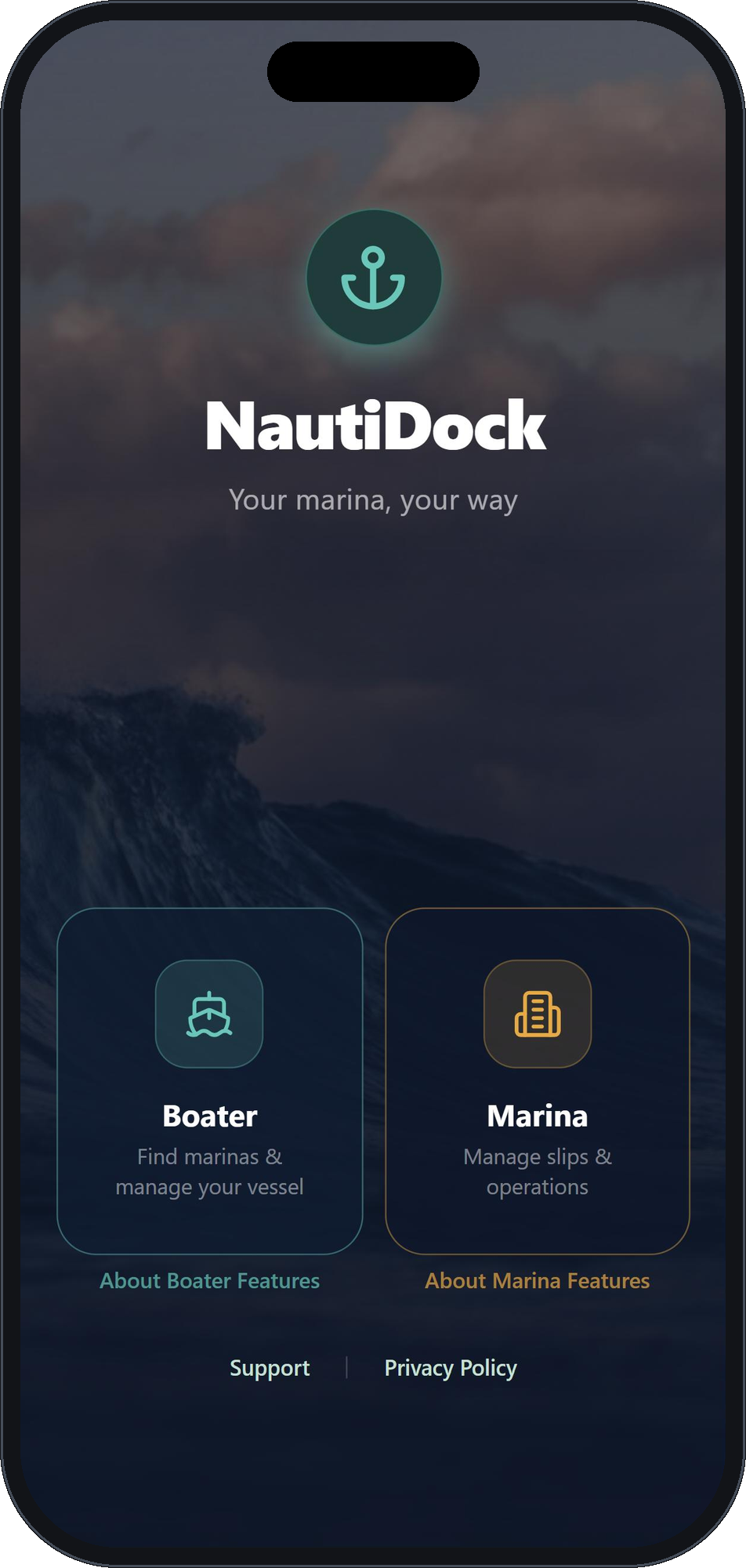 NautiDock welcome screen showing boater and marina entry points