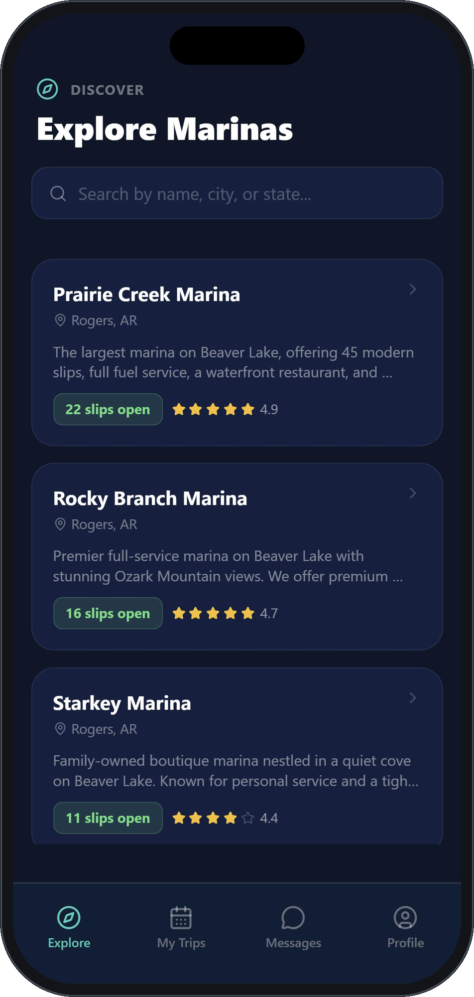 NautiDock Explore Marinas screen showing search and open slips